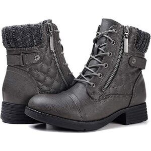 STQ Women's Grey Synthetic Side Zipper Combat Boots Lace up Ankle Booties